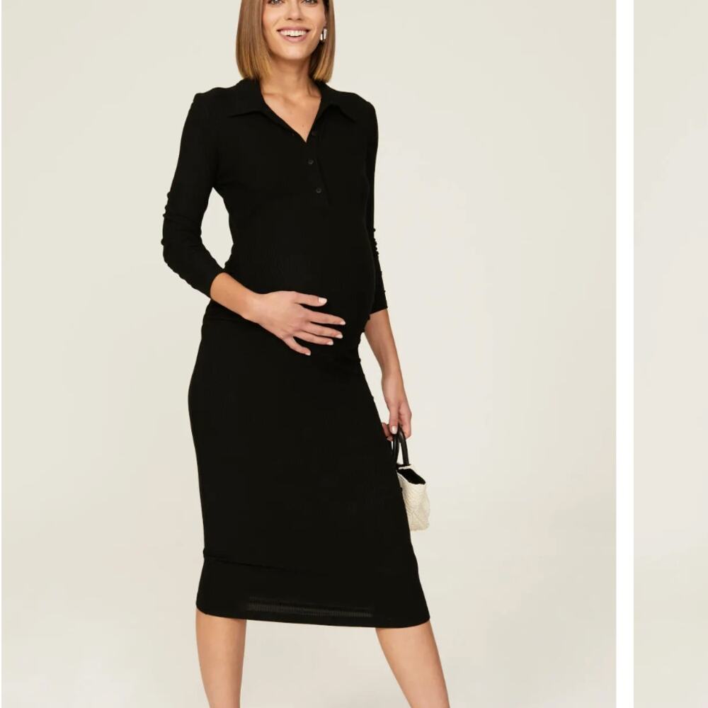 Soon Maternity Black Polo Rib Knit Midi Dress XS Preppy Work Basic Designer $140